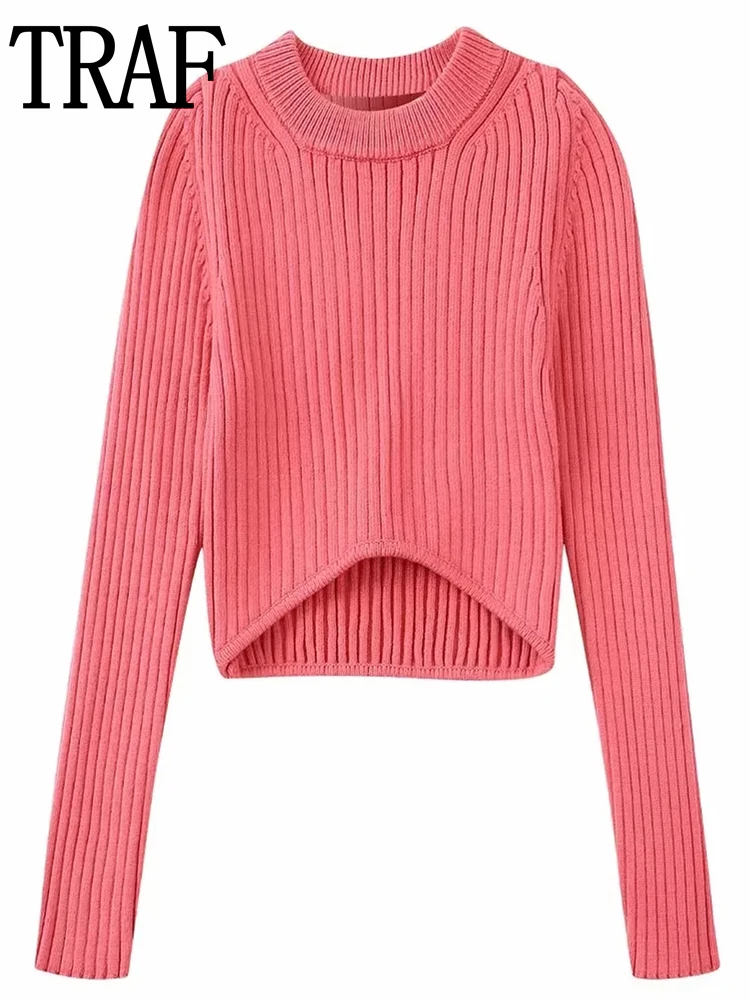 

TRAF Cropped Knitted Sweater Woman Winter 2022 Crewneck Long Sleeve Women Pulovers Autumn Crop Knit Pink Sweaters For Women