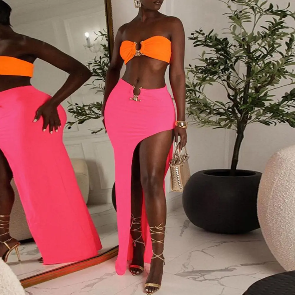 

Women's 2022 Summer Chest Tube Front Hollow Top Vest Sexy Irregular High Slit Wrap Skirt Set Elegant Outfits ensembles de jupes