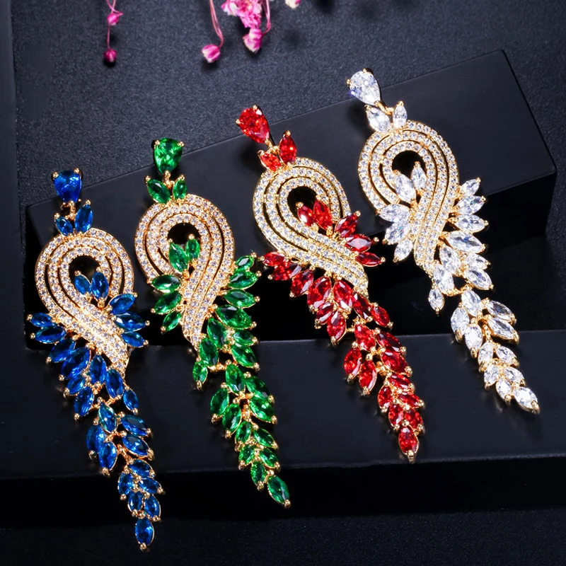 

ThreeGraces Luxurious Blue Red Cubic Zirconia Stone Gold Color Long Dangle Wedding Bridal Earrings for Women Party Jewelry ER301