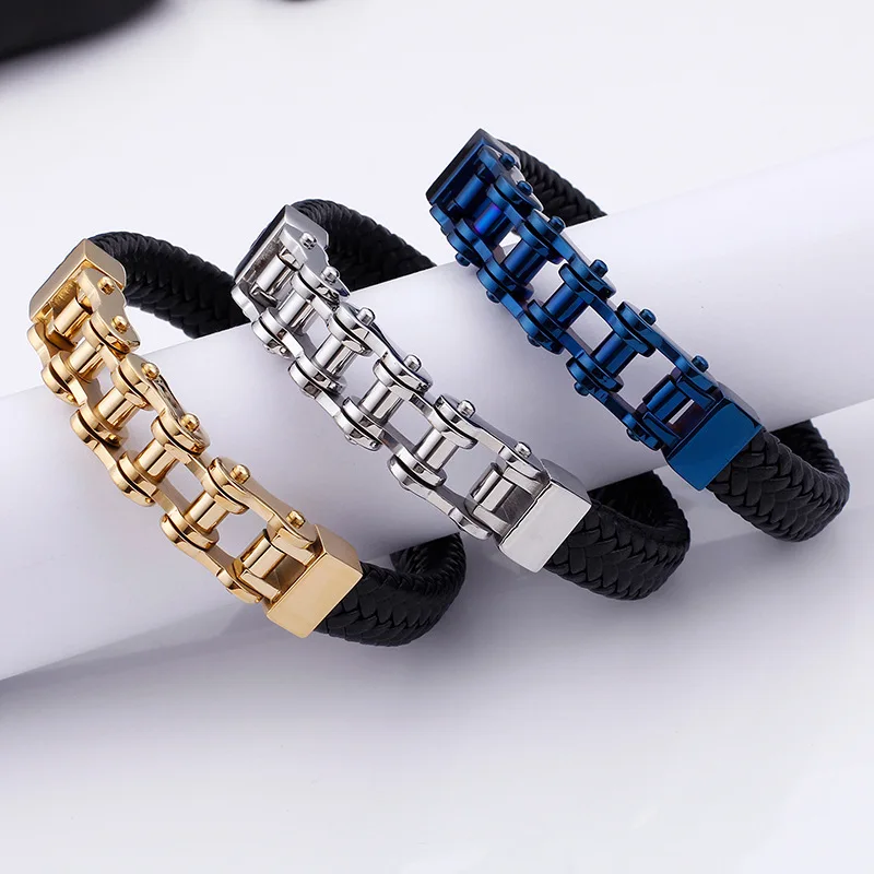 

12mm Punk Blue Biker Bicycle Motorcycle Chain Bracelet Bangle Men Black Leather Braided Gold Color Titanium Steel Bike Jewelry