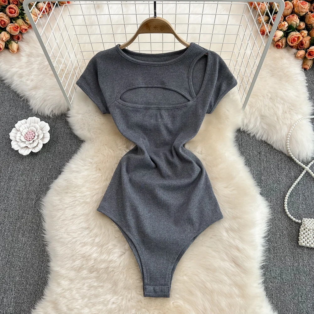 

European and American Fashion Round Neck Hollow Elastic Slim Fit One-piece Bottomed Shirt Top Foreign Style Chic Top Summer