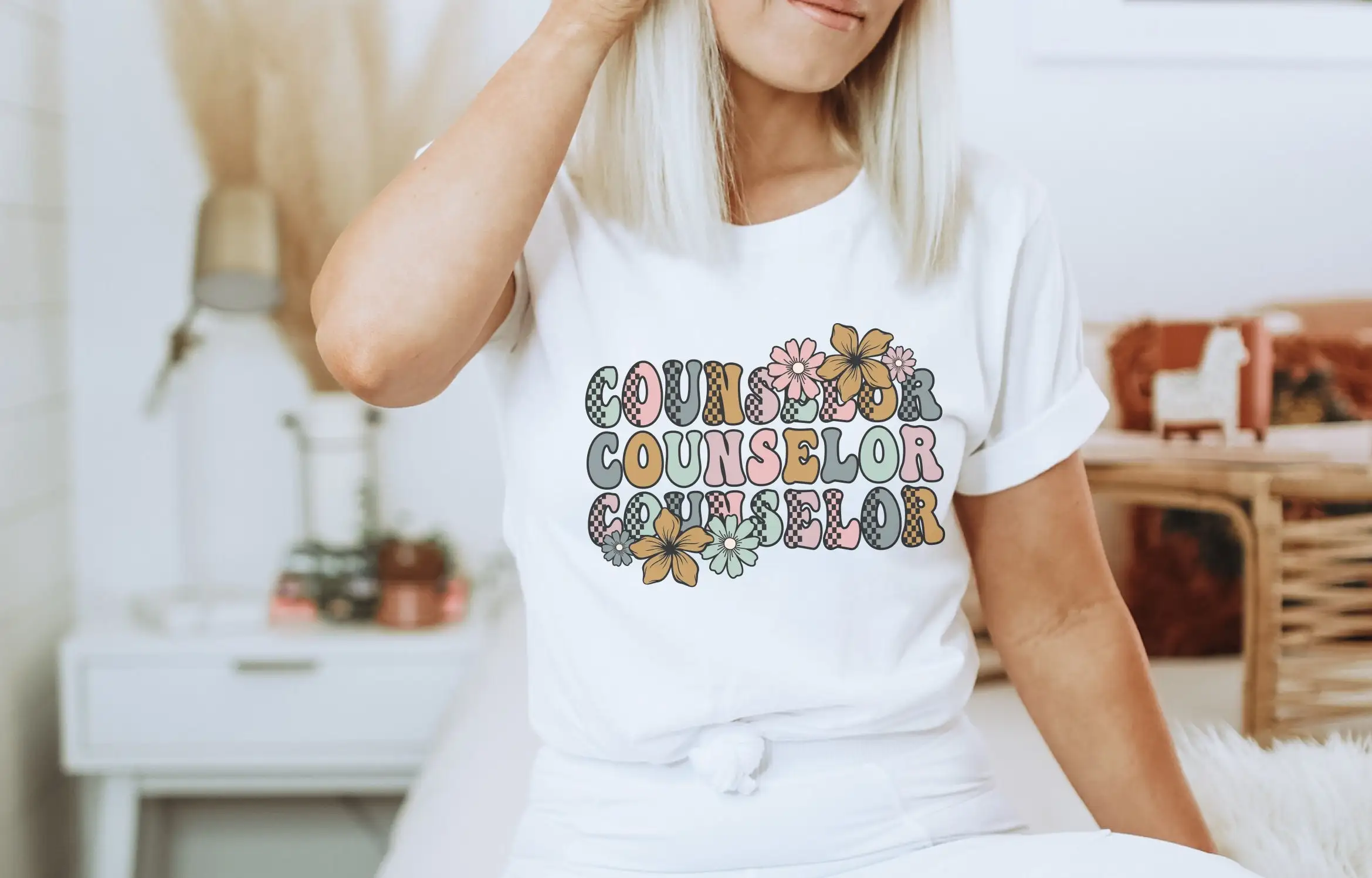 Футболка в стиле ретро Counselor с цветочным принтом клетку для Msw Social Worker круглым