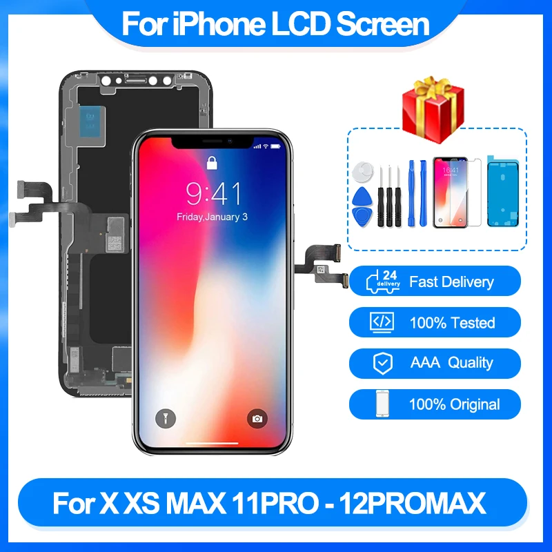 

OLED-дисплей для iPhone X XS XR, экран с дигитайзером для iPhone 11, 12, 13 Pro Max, замена с реальным тоном, качество AAA