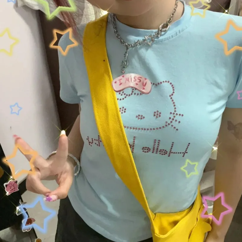 Miniso Горячие бриллианты HelloKitty милые майки мультфильм Kitty Cat печатные Y2k