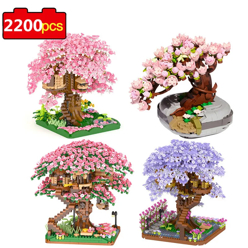 

New Pot Plants Blocks Bricks City Mini Sakura Succulents Cherry Blossom House Tree Model Building Blocks Toys for Children Gifts