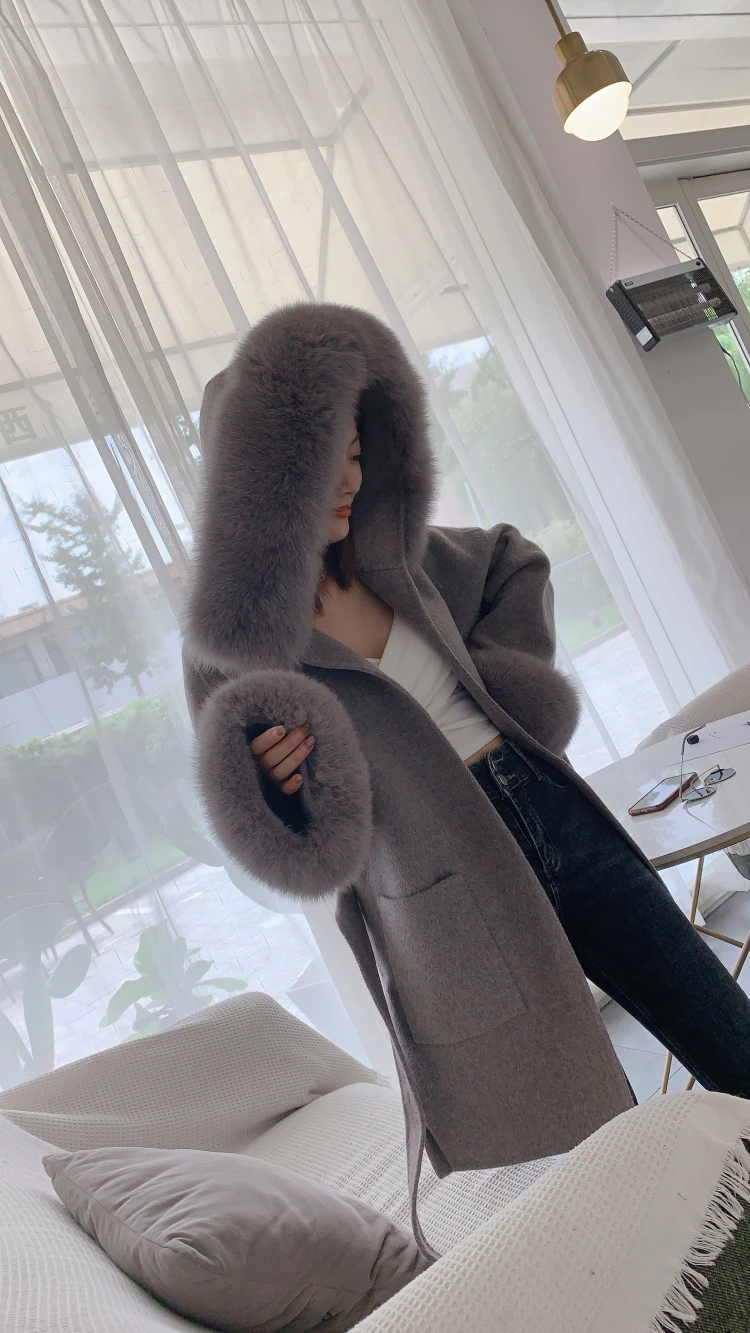 FURYOUME Women Real Fur Coat Winter Jacket Oversize Loose Cashmere Wool Blends Streetwear Natural Fox Fur Hood Outerwear Belt