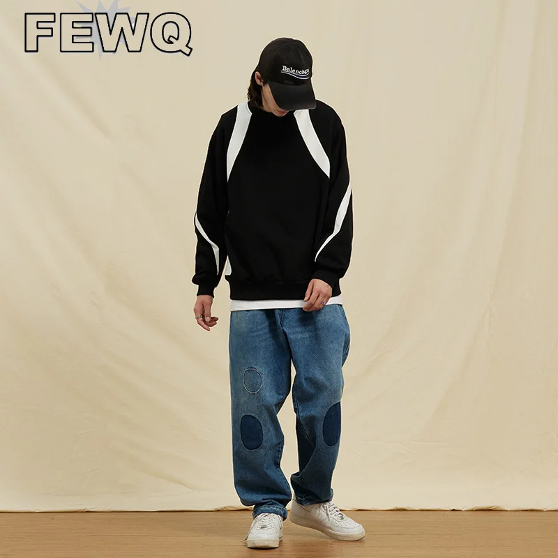 

FEWQ Stitching Color Men's Sweatshirts Spliced Casual Male Round Collar Pullovertops Streetwear Vintage 2023 Spring New 24B1170