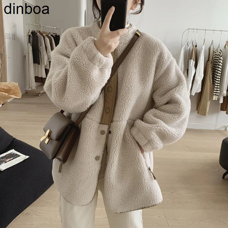 

Dinboa-jackets Vintage Lambs Wool Thicken Fleece Coats Solid Jacket Button Up Oversize Elegant Casual Y2k Warm Korean Fashion