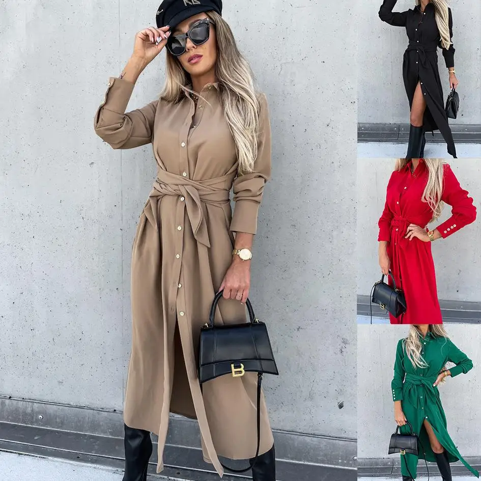 

Elegant Casual Knit Dress Women Autumn Winter Solid Color Waist Lace Up Cardigan Female Sweater Single-breasted Dress 2022