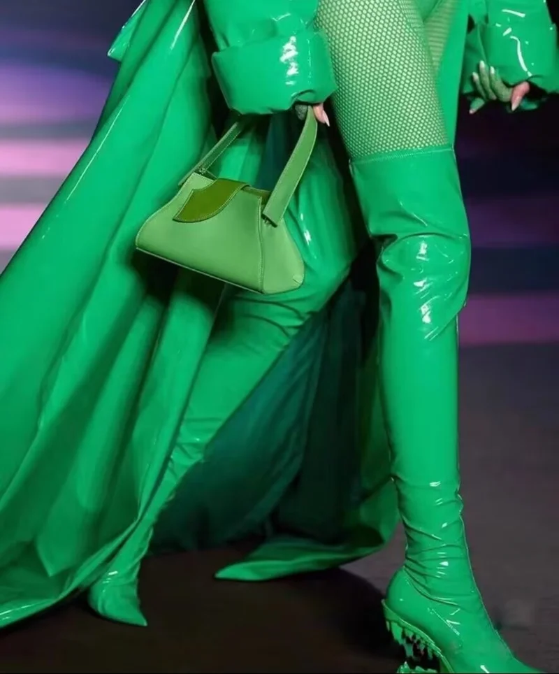 fashion design Elastic patent knee high boots for women European pop  sexy pointed toe wedge riding long sock boots high heels