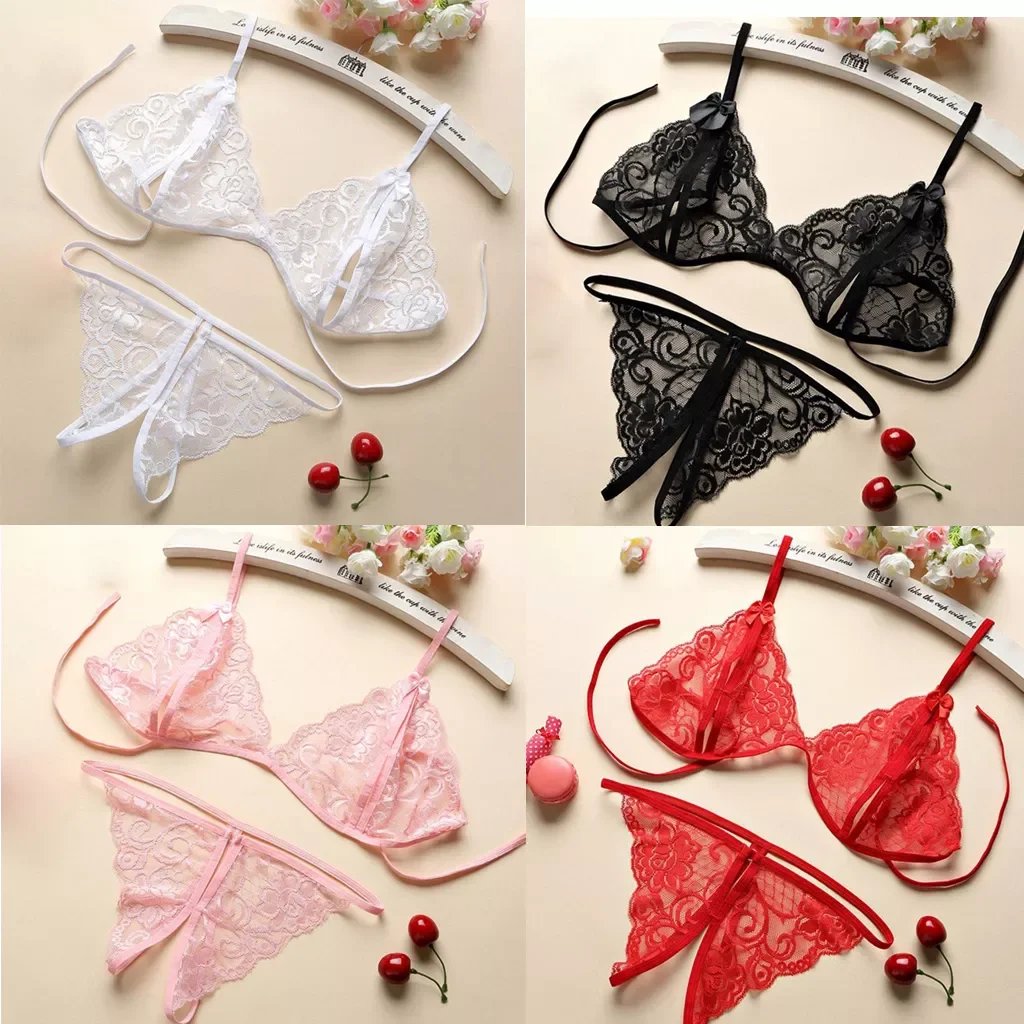 

Lingerie Set Women Lace Strappy Push Up Wire Free Bra Open Thong Panty