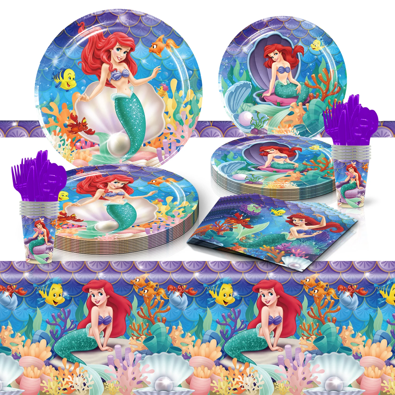 

Cartoon Little Mermaid Birthday Party Decoration Ariel Party Supplies Plates Cups Napkins Balloon Festival Tableware Supplies