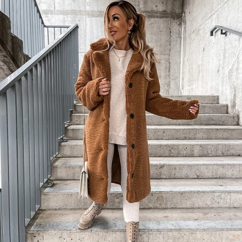 Mid-length Woman Faux Fur Coat 2022 Warm Thick Fluffy Women Outerwear Lapel Long Sleeve Female Teddy Bear Jacket Casual Winter