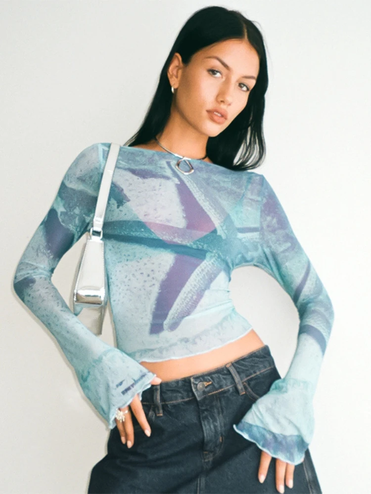 

Summer Flared Sleeve Women T Shirt Abstract Printing Y2k Top Slim Streetwear Women Clothes Fashion Blue Pullover Ropa De Mujer