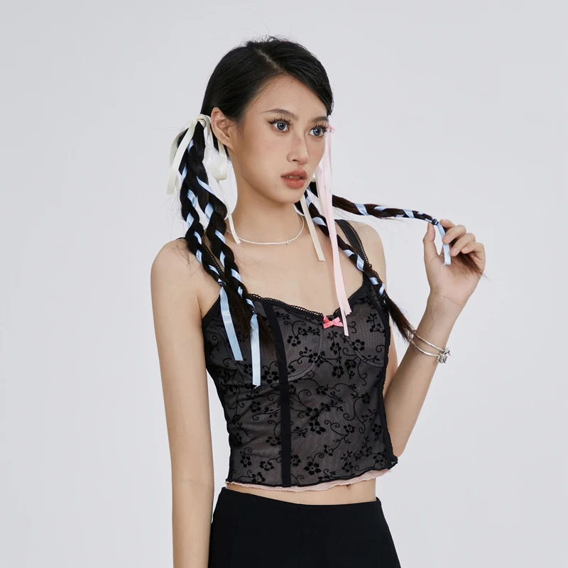 

y2k Summer Women Lace Jacquard Camis Top Fairy Grunge Bow Mesh Sleeveless Tank Top 2000s Ruched Mini Vest Casual Streetwear
