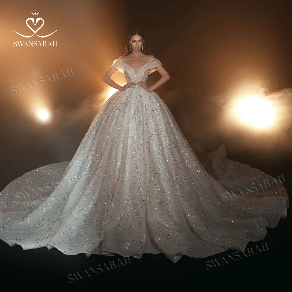 

Luxury Beaded Wedding Dress 2023 Off Shoulder Ball Gown Court Train Princess Bride SwanSarah R159 Plus Size Vestido De Novia