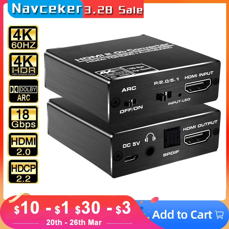 2023 Best HDMI 2.0 Audio Extractor Support 4K 60Hz YUV 4:4:4 HDR HDMI Audio Converter Adapter 4K HDMI to Optical TOSLINK SPDIF