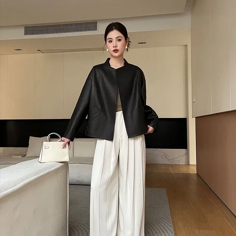 Черная кожаная куртка из оленьей кожи женское короткое пальто весна-осень 2024