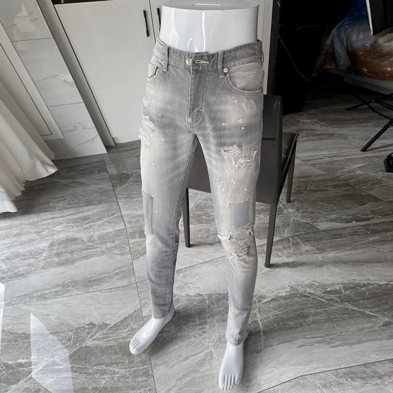 Street Fashion Men Jeans Retro Gray Stretch Elastic Slim Fit Painted Ripped Jeans Men Patch Designer Hip Hop Brand Pants Hombre