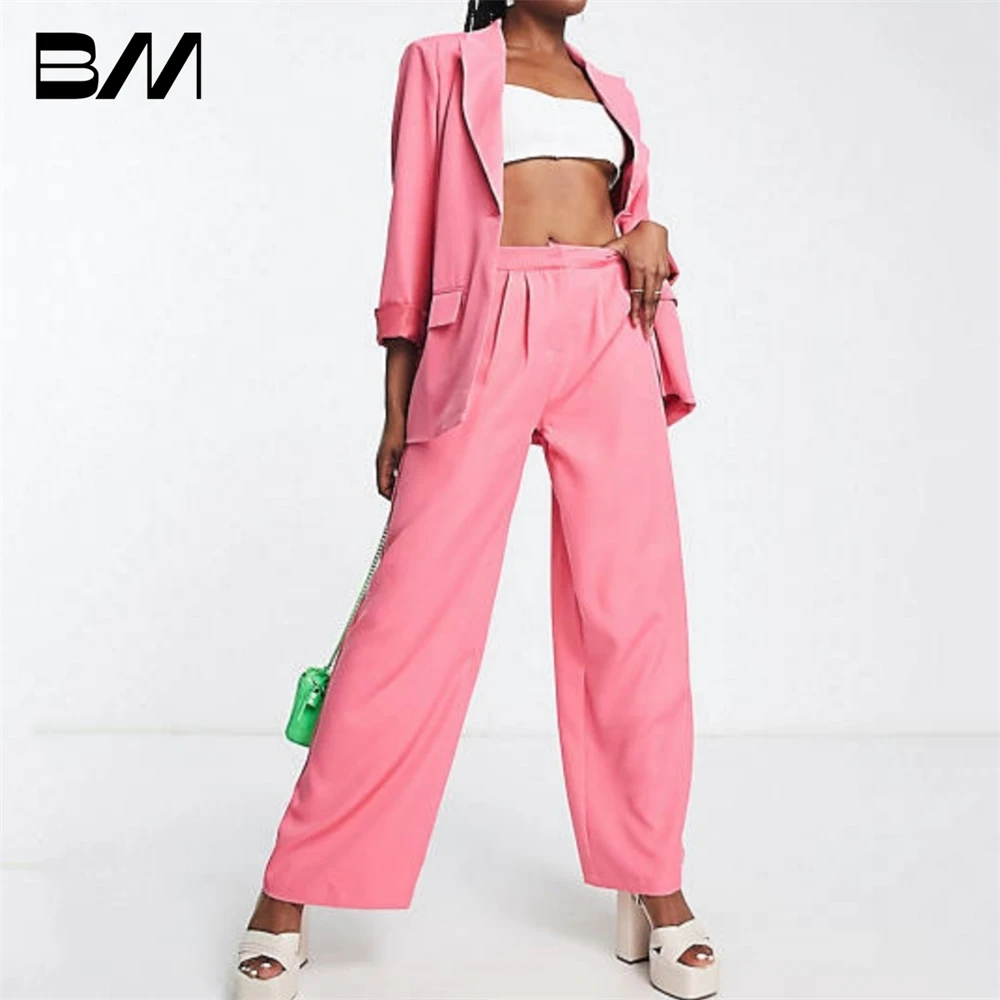 Hot Pink  Formal Pantsuit Long Women 2 Pieces Suit Set Blazer Pants Set V-neck Single Button V-neck Solid Oversize Women Outfit
