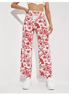 summer new hot selling ladies high waist street ins full of red peach heart print straight jeans foreign trade hot pants