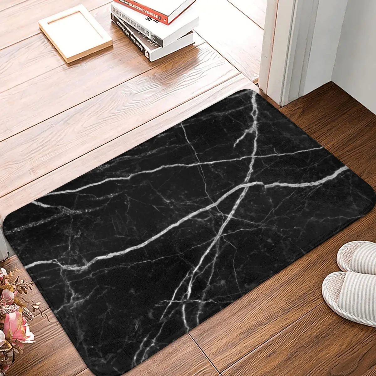 

Black Marble Stone Texture Pattern Doormat Non-slip Kitchen Entrance Bathroom Polyester Rug Carpet Mat Bedroom Decor Washable