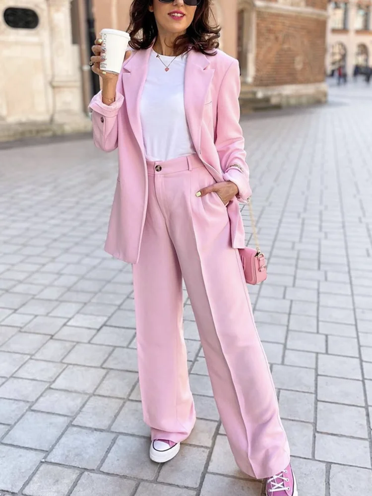 

PTYSIC Women Elegant Pink Blazer Jacket Single Button Long Sleeve 2022 New Casual Female Solid Colora For Office lady Outerwear