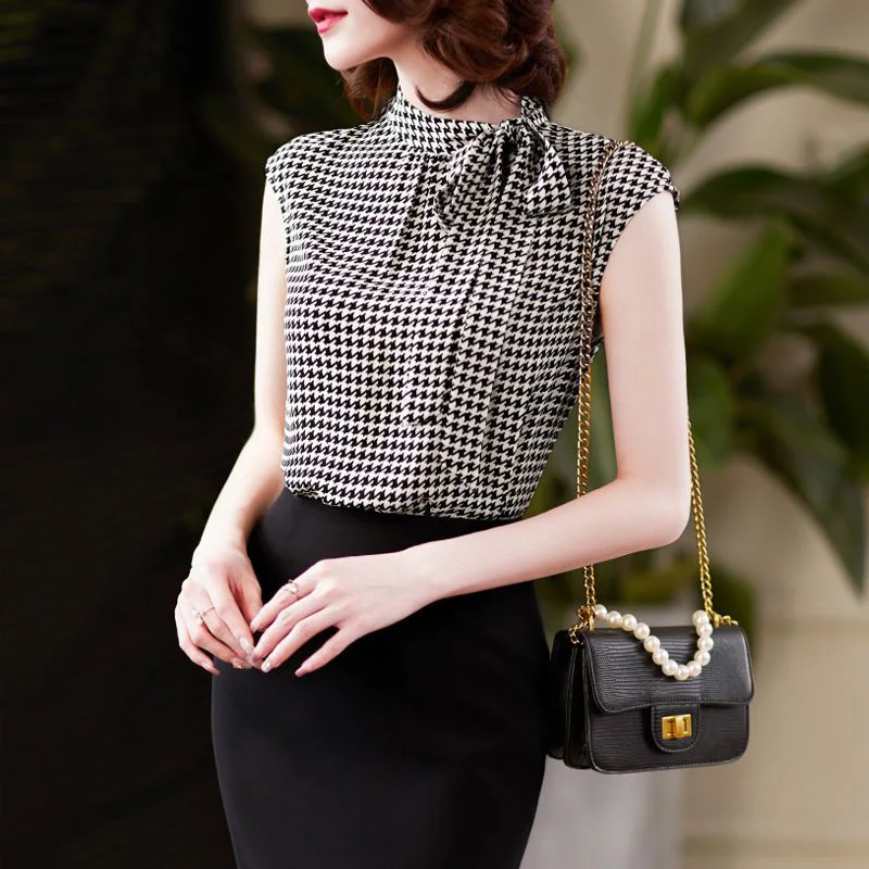 Elegant  All-match Lace Up Bow Houndstooth Blouse Women Clothing 2023 Summer New Casual Pullovers Sleeveless Office Lady Shirt