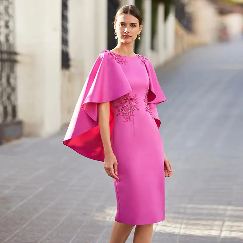 

Satin Wedding Guest Gowns O-Neck Knee Length Sheath Mother of The Bride Dresses Lace Applique Rose Red Evening Party Dress 2022