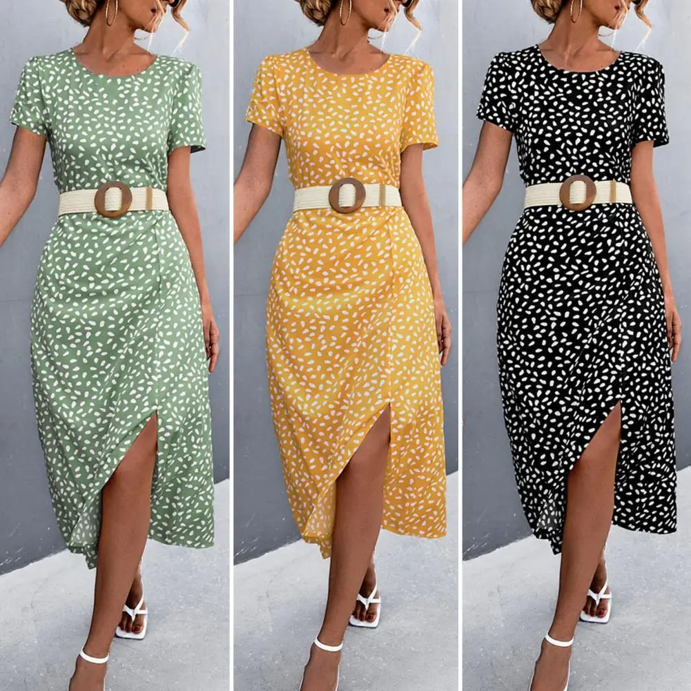 

O-Neck Backless Side Split Hem Midi Dress Floral Print Short Sleeve Women Dress Ladies Clothing