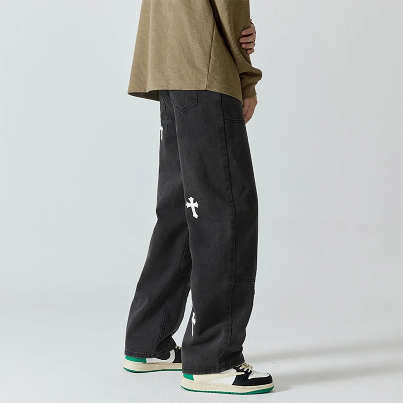 Men's Wide Leg Jeans Unisex Denim Trousers Loose Straight Cut Cross Patch Cargo Pants Hip Hop Trend Men's Loose Pants Streetwear