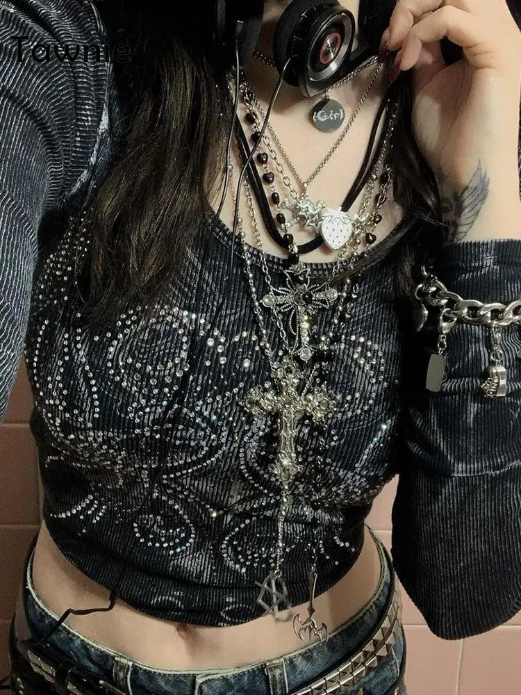 

Женская футболка с рисунком и бриллиантами Tawnie Y2K, весенне-летняя укороченная футболка с длинным рукавом и гранж-принтом, 2022