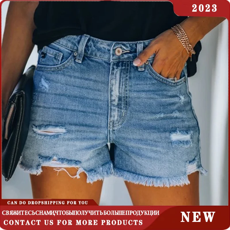 2023 New Summer Women's Denim Shorts Casual Fashion Loose Hole Jeans Shorts With Pockets Cool Women Street Denim Booty Shorts