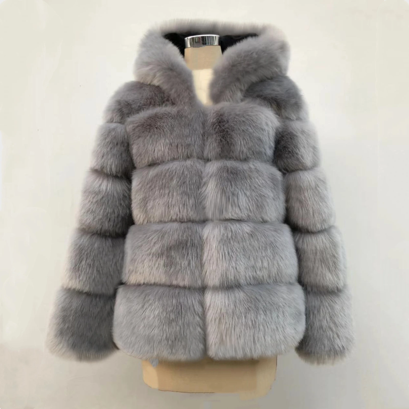 Women Winter Overcoat Outwear Long Sleeve Collar Luxury Faux Fox Fur Coat Jacket Faux Fur Black Coat With Hooded