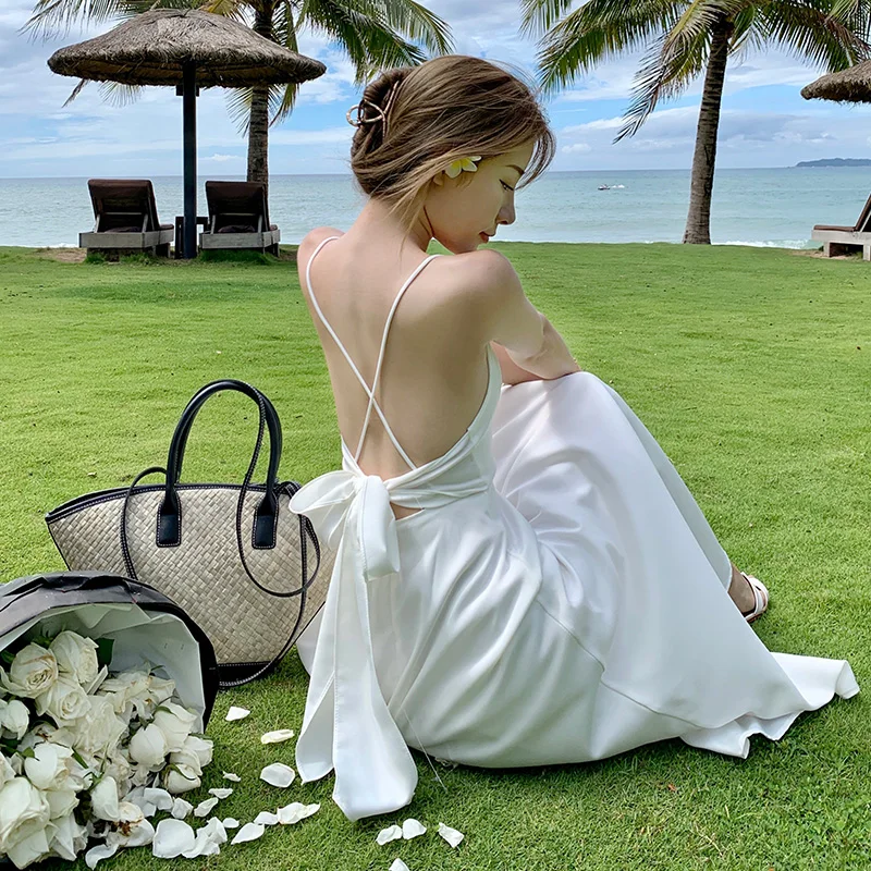 

Bandage Banquet Party Satin Spaghetti Strap Dress Woman French Sexy Summer Vacation Sleeveless Elegant Backless Beach Dresses