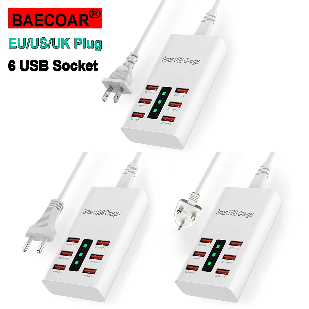 Настольное зарядное устройство BAECOAR 6A с 6 USB-портами и светодиодной подсветкой |