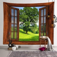 new landscape tapestry tree hole window beautiful scenery wall cloth green forest tapestries background cloth painting decor