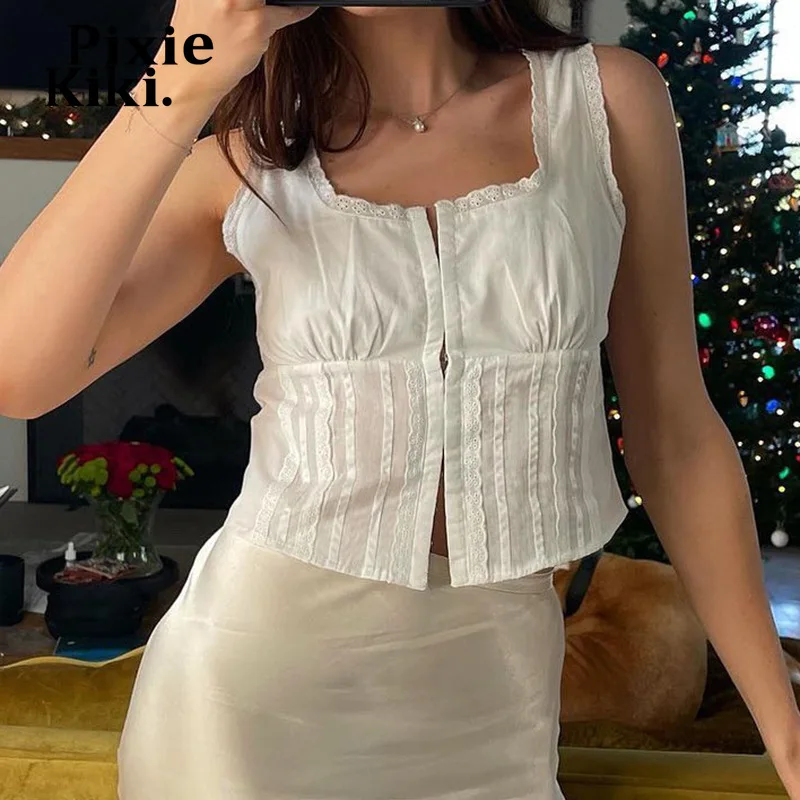 

PixieKiki White Crop Top Women Summer Clothes Sexy Cute Vest Lace Trim Square Neck Tank Tops Street Style Bustier P77-CE13