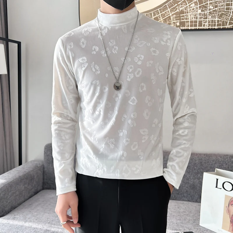 

Long Sleeved Leopard Velvet T-shirts for Men Streetwear Korean Turtleneck New Fashion Boutique Undershirts