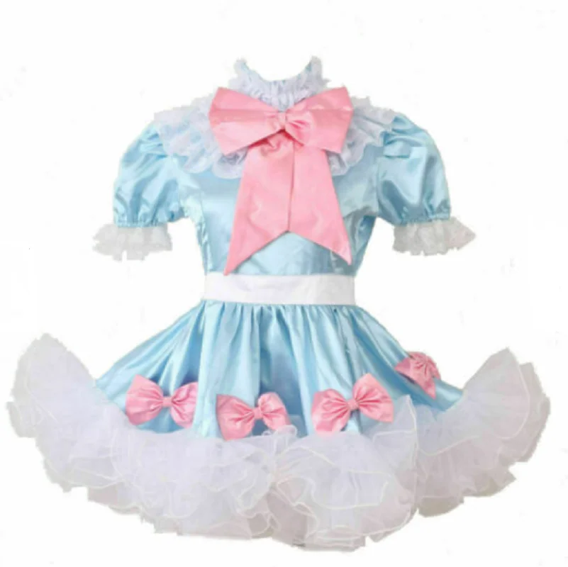 

Sissy Girl Blue Pink Big Bow Maid Satin Dress Lockable Dress Cosplay Dress