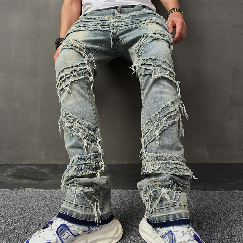 

Hip Hop Tassel Patchwork Full Length Jeans Men Clothing Fashion Patchwork Punk Style Male Denim Pants Streetwear Slim Trousers