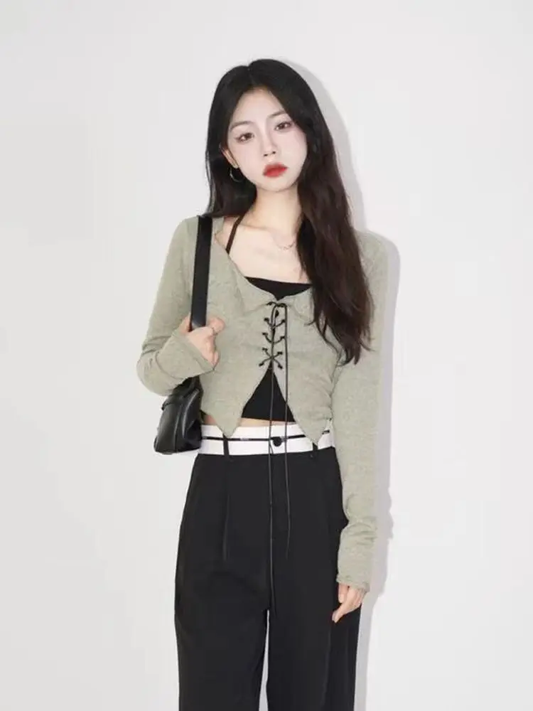 

Pure Desire Hang Halter Strap Long Sleeve Cardigan Two-piece Female Early Autumn Thin Sweet Spicy Design Sense Short