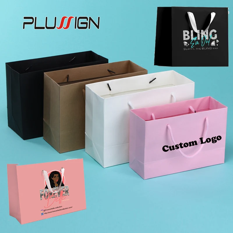 Plussign Thickening Paper Hand Bags For Wigs Custom Logo Or Print Advertise Wig Bag With Ribbon Handle Shopping Bag 20Pcs/Lot