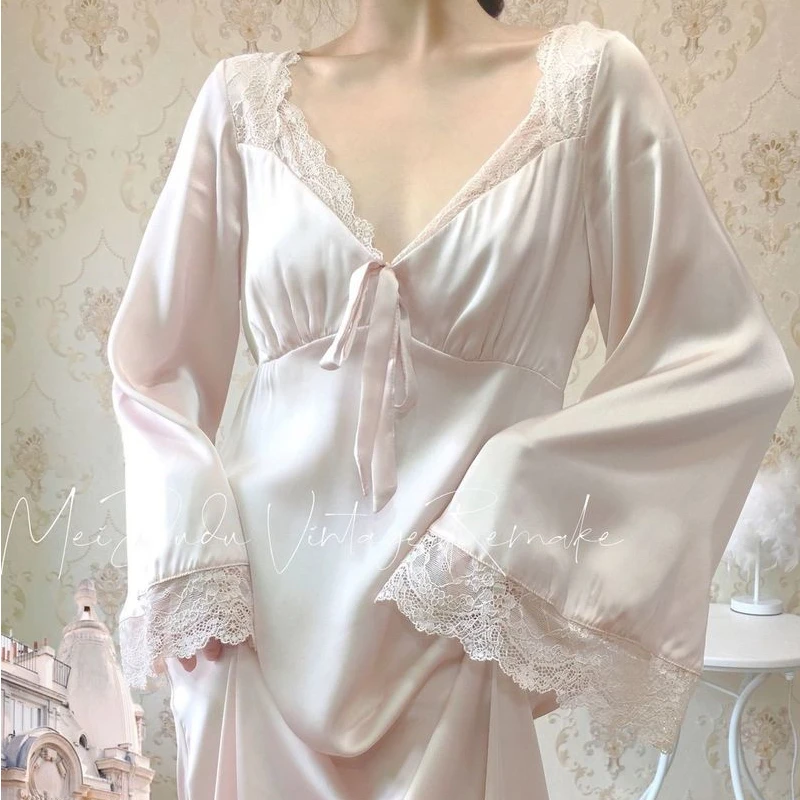 QWEEK Satin Nightgown Elegant Fairy Dresses Women Autumn Sleepwear Lace Nightwear Long Sleeve Vintage Nightie Sexy Gown Vestidos