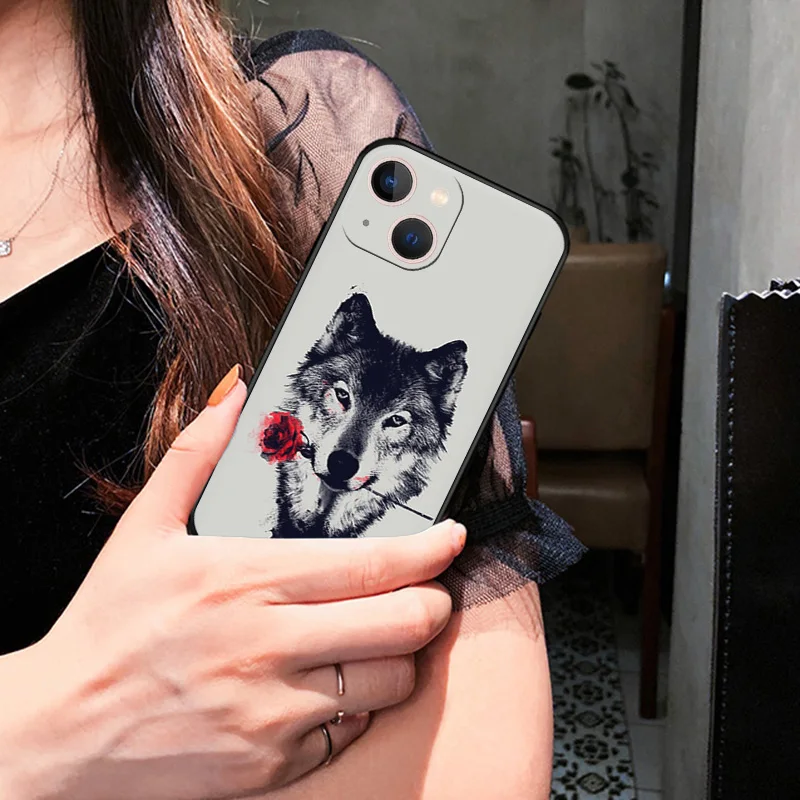 Silicone Black Phone Cases Cover for iPhone 11 14 Pro Max 12 13 Mini XR SE 7 8 6 6s Plus XS X SE3 11Pro Flower Snow Wolf