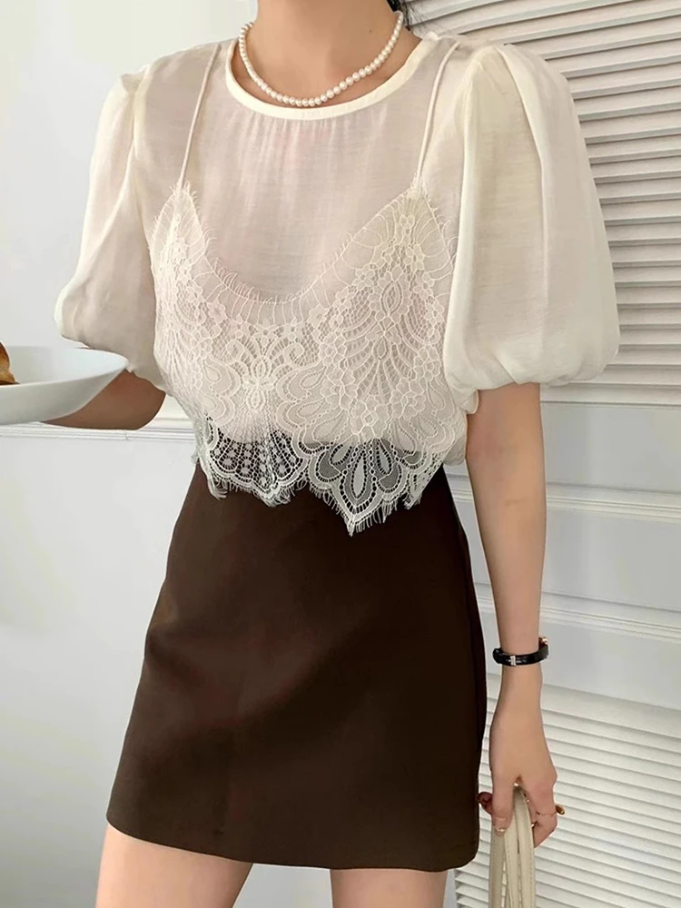 Корейская шикарная летняя имитация двух частей Лоскутная кружевная подтяжка