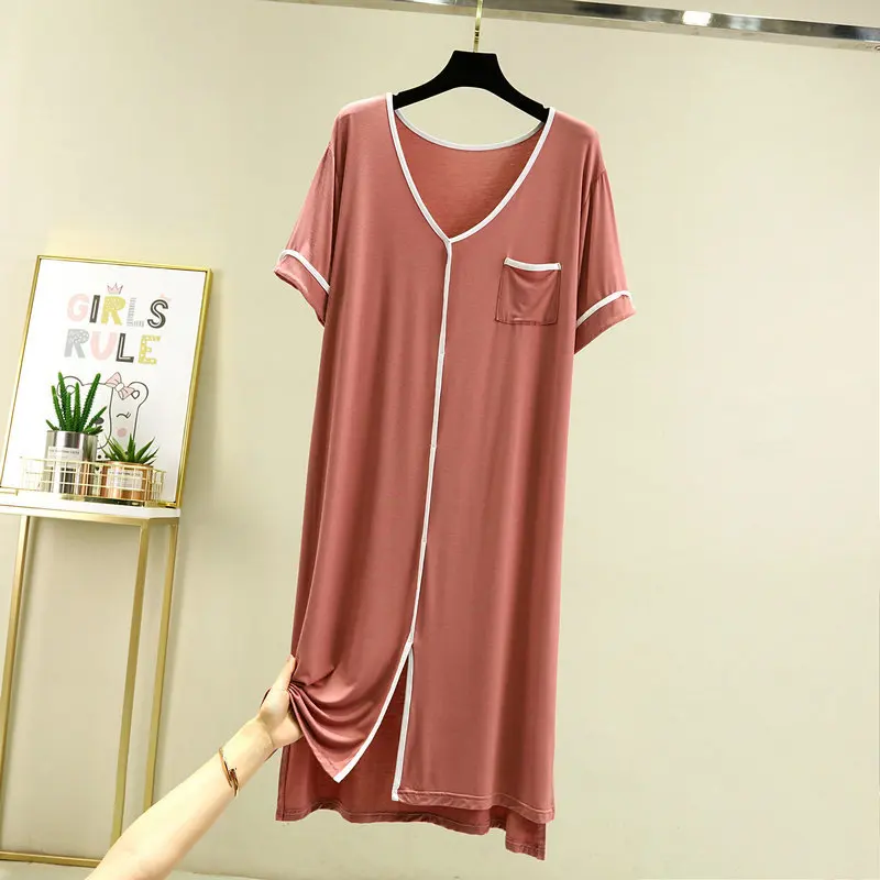Summer Casual Dress For Women Elastic Nightdress Women's Modal V-Neck Short Sleeve Pocket Nightwear Fashion Home Clothes