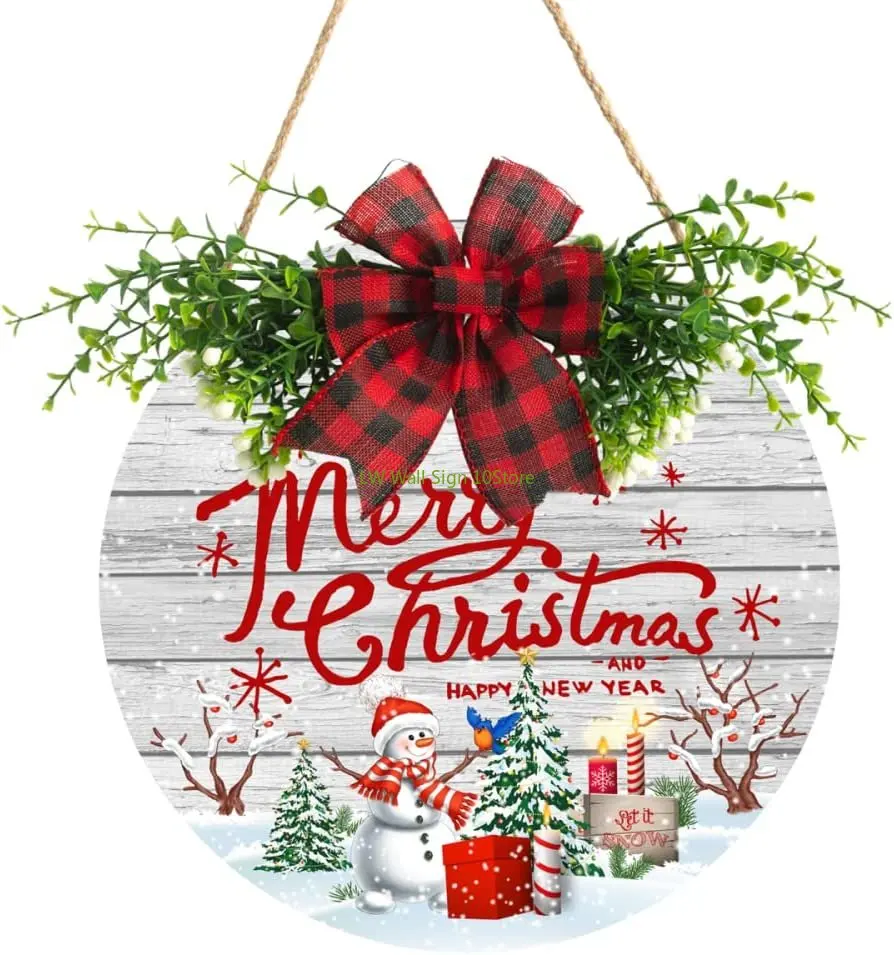 

Christmas Door Sign Merry Christmas and Happy New Year Wreath Sign with Buffalo Plaid Bow 12in Hanging Christmas Sign