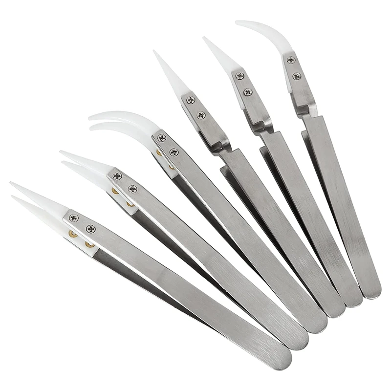 

6Piece Non-Conductive Precision Ceramic Reverse Solder Tweezers Anti-Magnetic Pointed And Curved Tips Tweezers Set