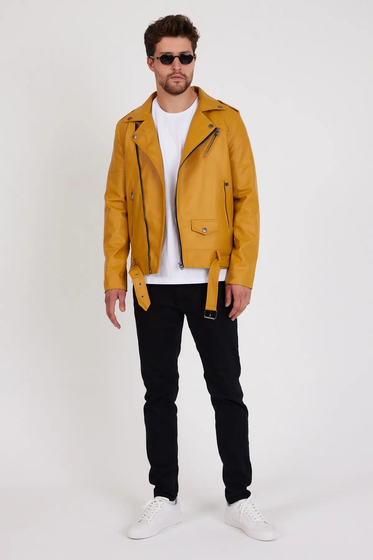 Men's Yellow Color New Season Capraz Zippered Leather Jacket Coat